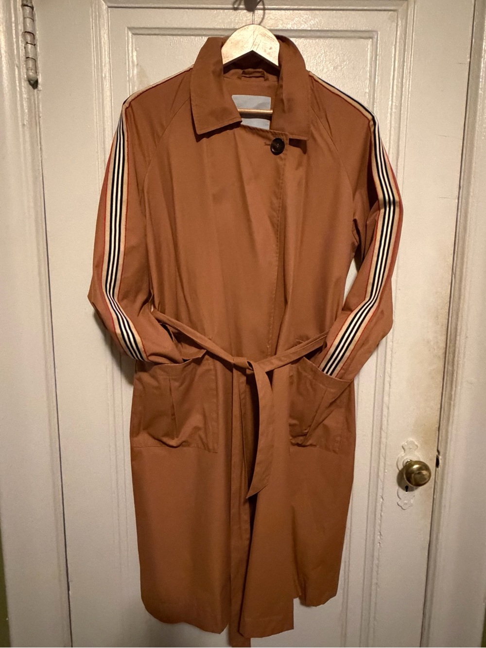 NVLT Brown Trench Coat with Striped Sleeve Detail